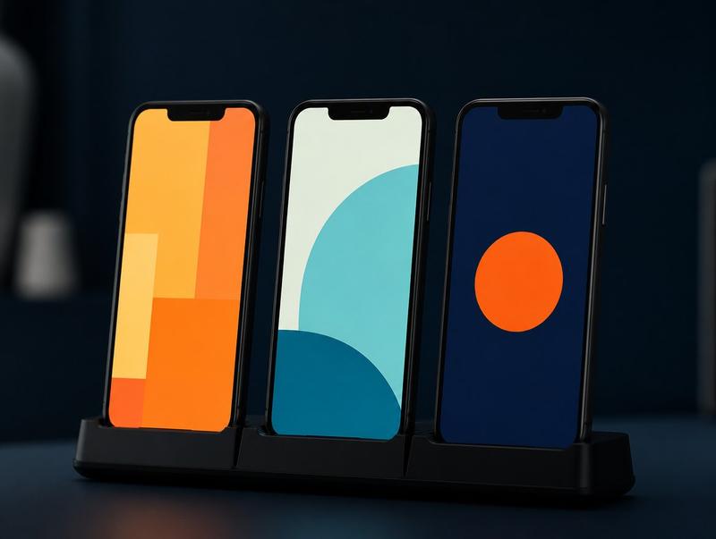 Three phones on a dock, each showing a static ad creative: orange colour blocks, a cyan arc on cream, and an orange disc on navy.