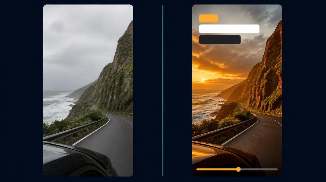 Generated illustration with two phone-sized frames of a coastal road side by side: on the left the flat, grey raw clip; on the right the graded cut with warm evening light, a caption block at the top and a progress bar at the bottom.
