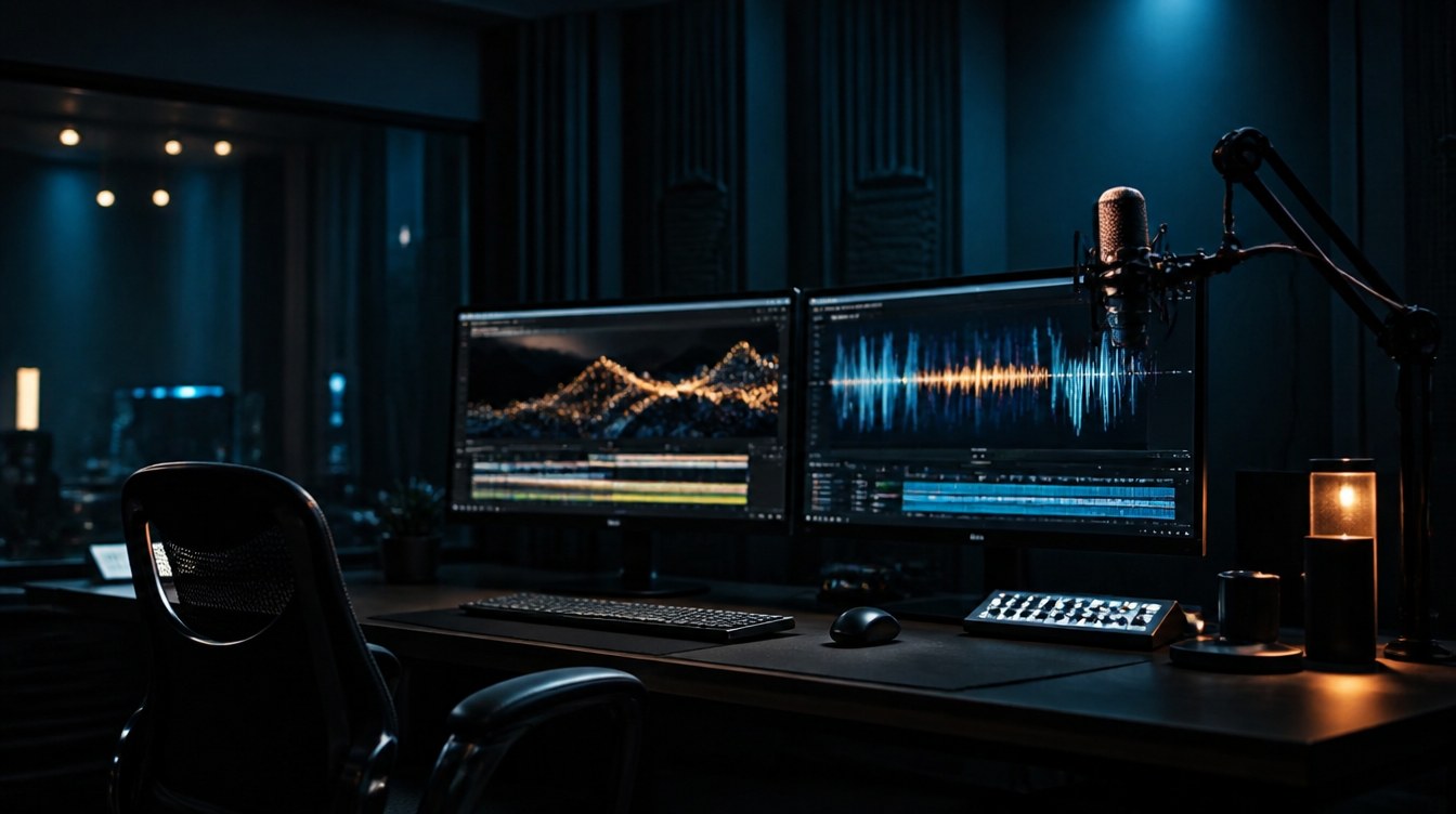 A dark editing suite: two monitors showing a video timeline and an audio waveform, with a microphone on a boom arm.