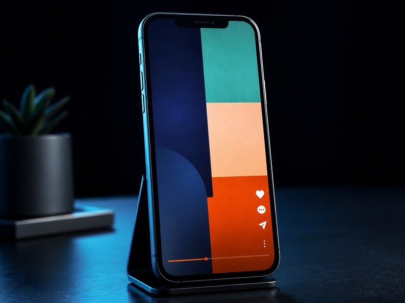 A phone on a stand playing a vertical video with bold colour blocks and an orange progress bar.