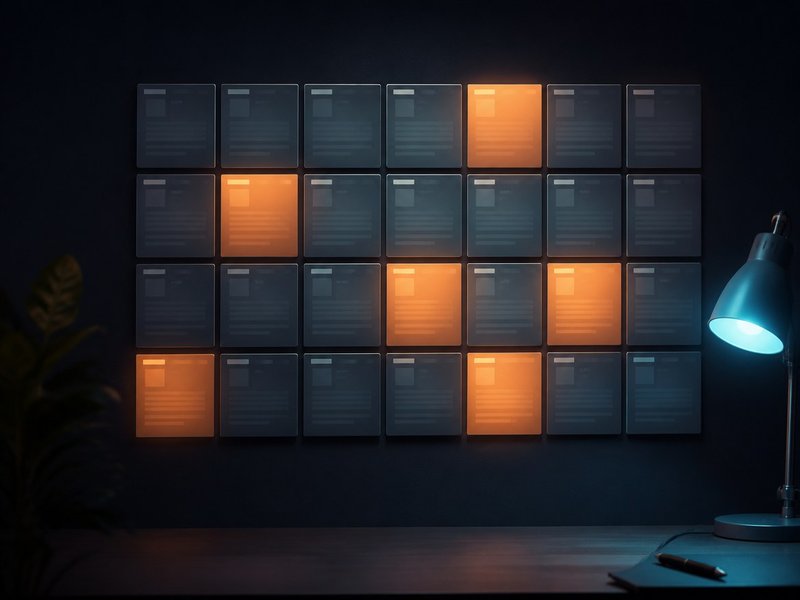 A wall of scheduled posts arranged like a monthly calendar, several lit in orange, with a desk lamp at the edge.